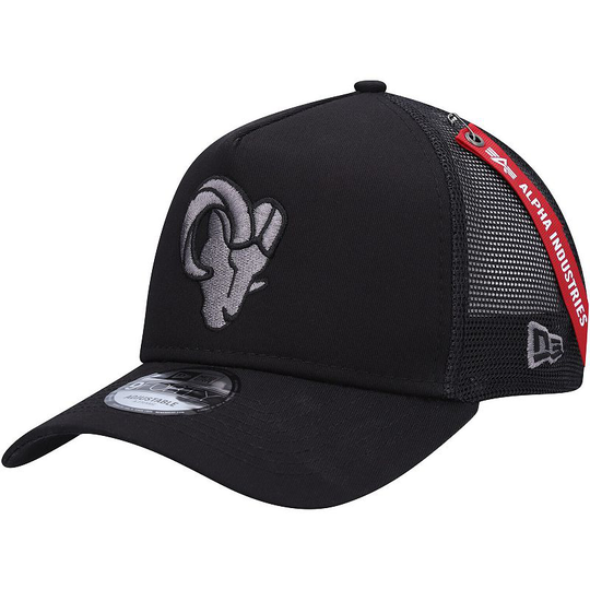 Men's New Era x Alpha Industries Black Los Angeles Rams A-Frame 9FORTY Trucker Snapback Hat