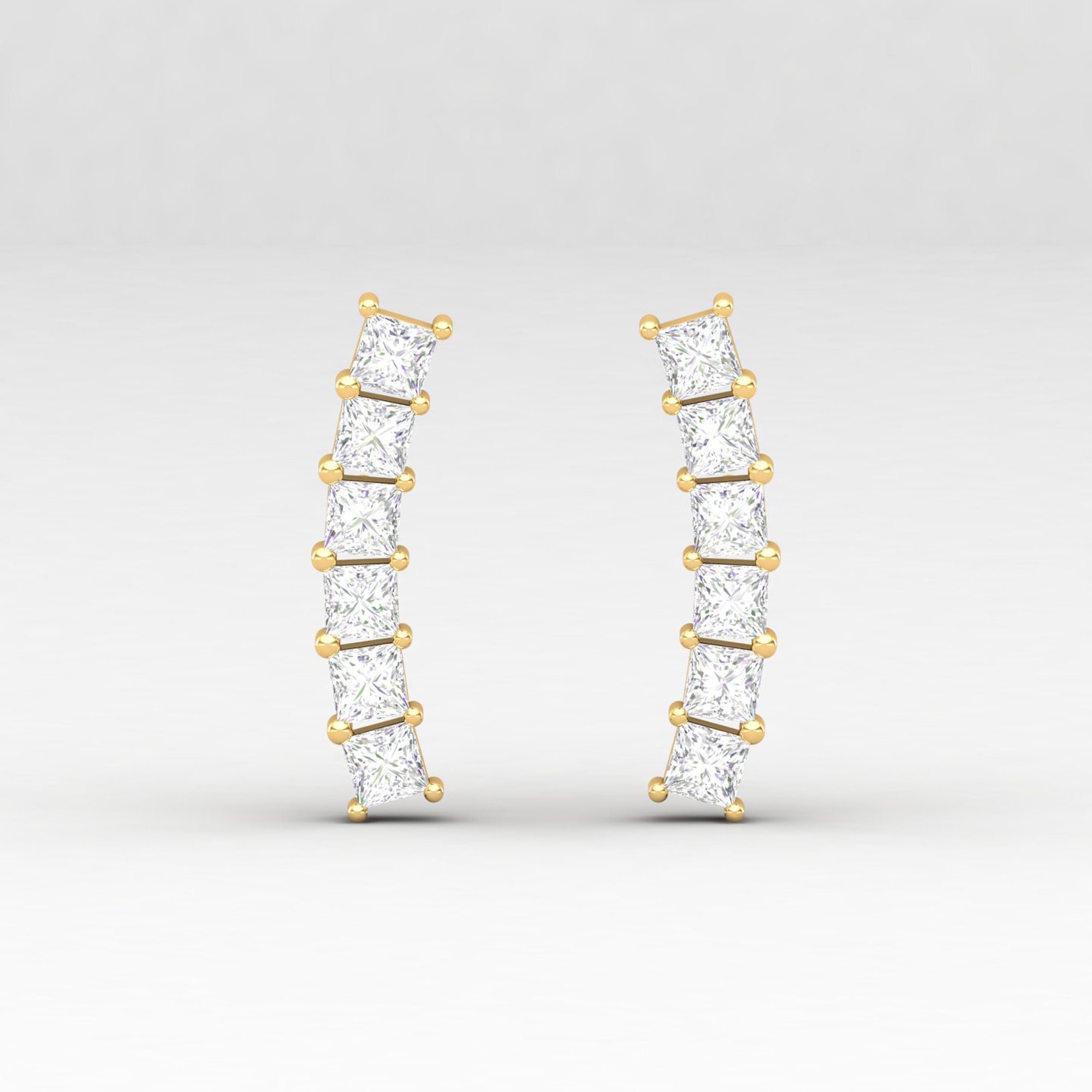 Princess Cut Diamond Ear Climber, Crawler, Gold Earring For Women, Earrings, Gift Her