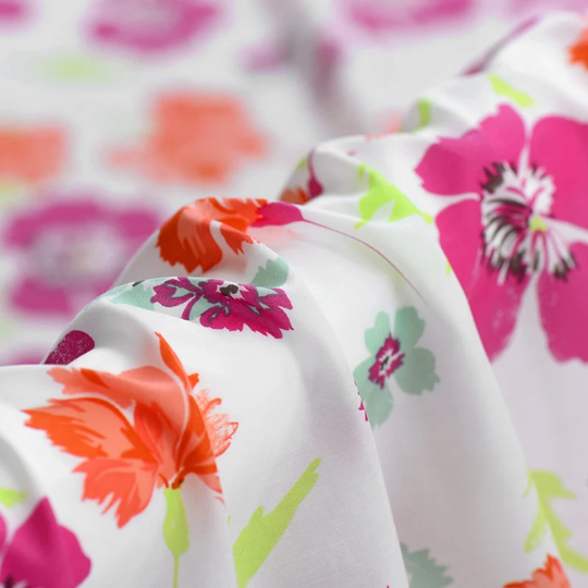 By The Yard/Meter, Floral Print White Silk Cotton Blend Fabric, Width 53 Inch