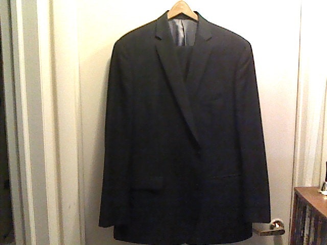 Men's 2Pc Suit /Wool-Blend Black Pin-striped 46L, 2 Button Jacket By Calvin Klein