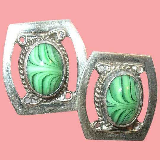 Vintage Sterling Green Cabochon Earrings