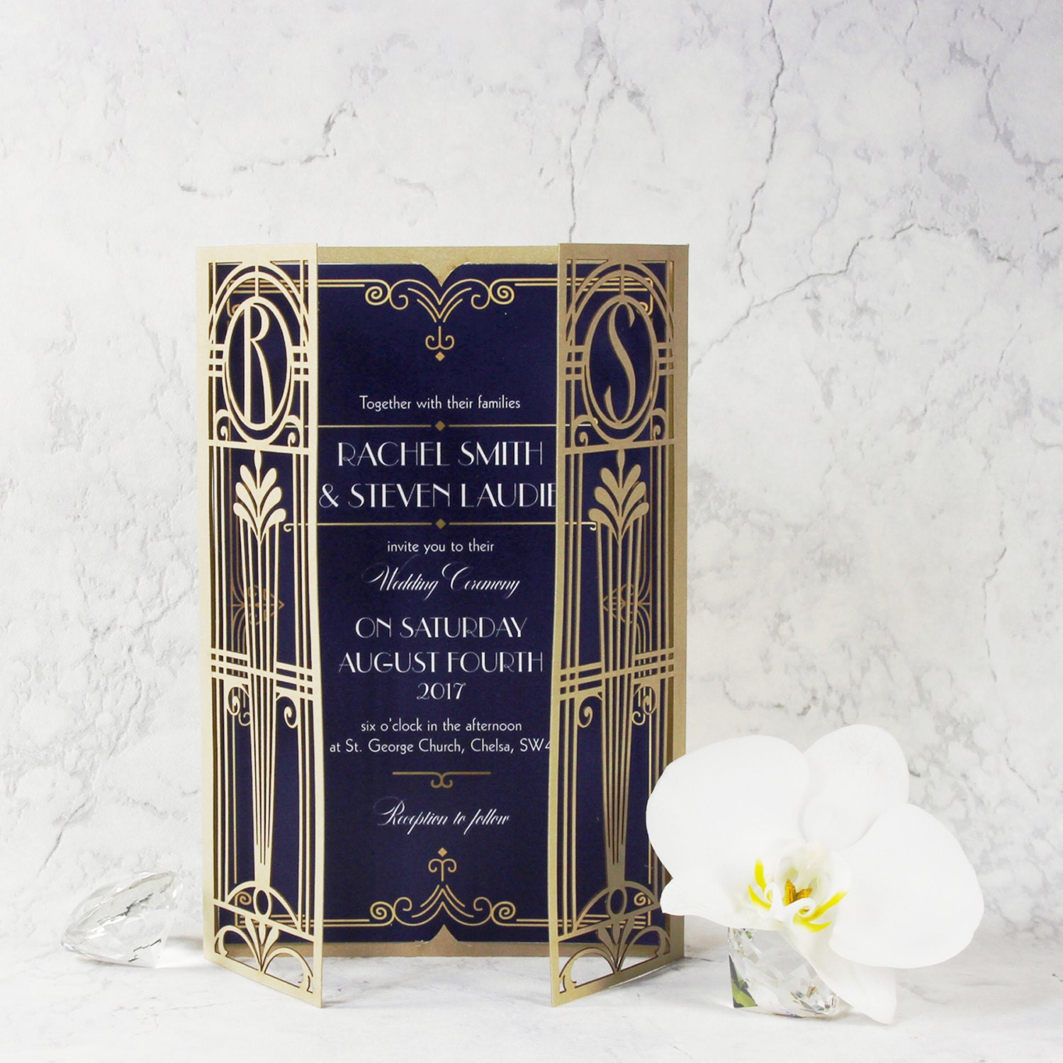 Art Deco Great Gatsby Personalized Gatefold Wedding Invitation Monogram, Hollywood Invite & Envelope, Golden Laser Cut Gate, Gold, Die Cut