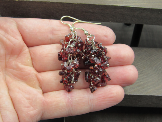 Sterling Silver Cluster Dark Garnet Stone Dangle Earrings Vintage Wedding Engagement Anniversary Beautiful Everyday Minimalist Cute