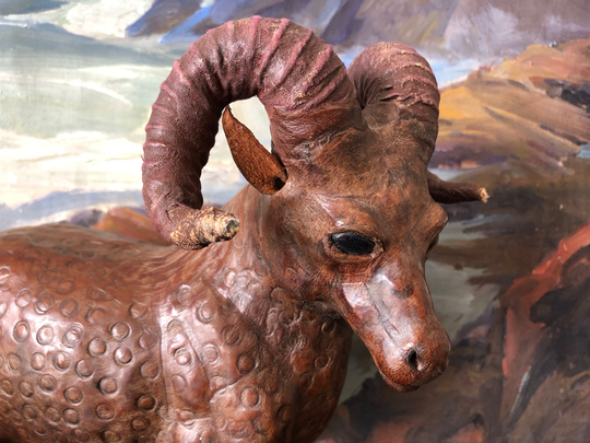 Vintage Mid Century Leather Ram Sculpture Leather-Wrapped Figurine Bighorn Animal