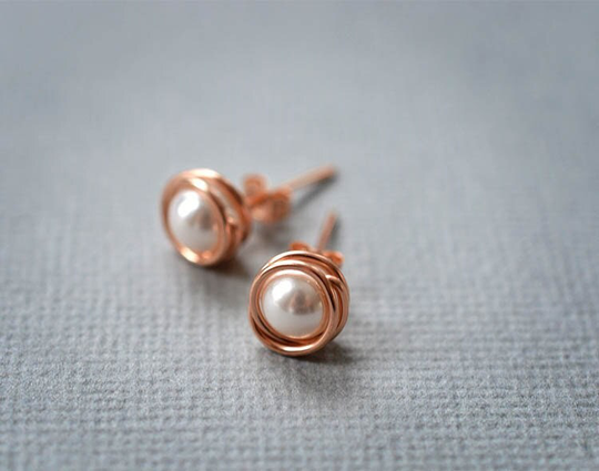 14K Rose Gold Pearl Earrings For Bridesmaids Favors Bridesmaid Gifts Pink & Wedding Bride Pearls
