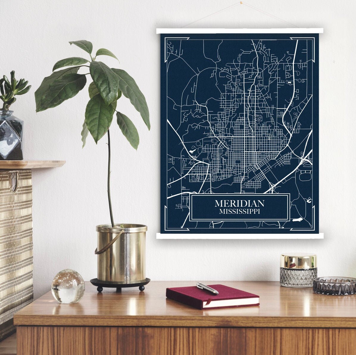 Meridian Mississippi Blueprint Street Map | Hanging Canvas Of Printed Marketplace
