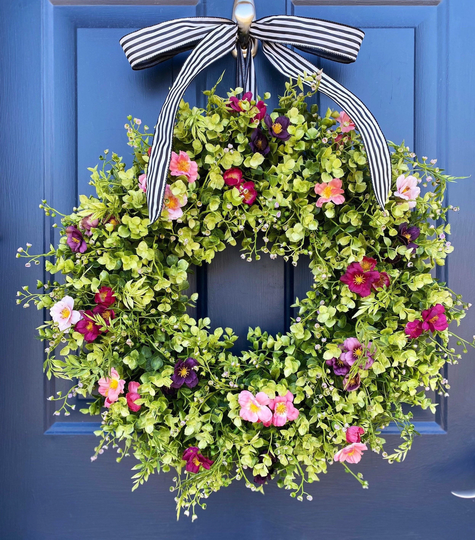 Farmhouse Wreath, Eucalyptus, Lambs Ear, Spring Summer All Season, Grapevine Front Door Boxwood
