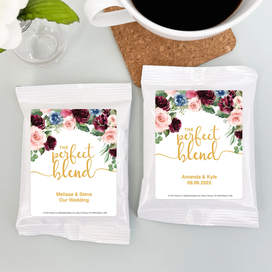 The Perfect Blend Wedding Favor Coffee, Burgundy & Blue Floral Wedding, Personalized Coffee Favors, Bridal Shower Favors - Set Of 30