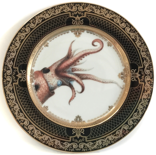 Free Shipping-stunning Black & Gold Squid Plate Or Cup/Saucer Set, Foodsafe, Durable, Octopus Dish, Seafood China, Nautical