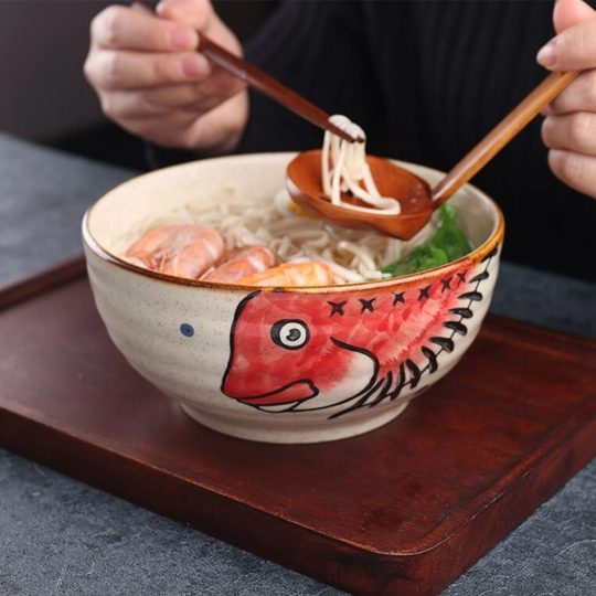 Japanese Style Underglazed Ramen Bowl, Ceramic Hand Painted Bowl - 7 Inch
