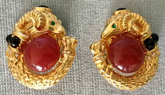 Chic Craft Signed Art Deco Ram Jeweled Earrings Ruby Red & Black Cabochon Emerald Green Crystals Gold Metal Vintage Designer Couture Runway