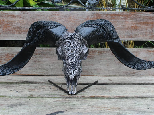 Carved Ram Skull With Horn - Sheep Skull Decor, Ram Real Carving