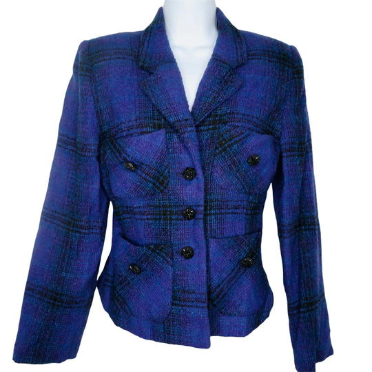 Vintage 70S Equator Plaid Jacket Classic Wool Blend Blue Purple Black Women's Small