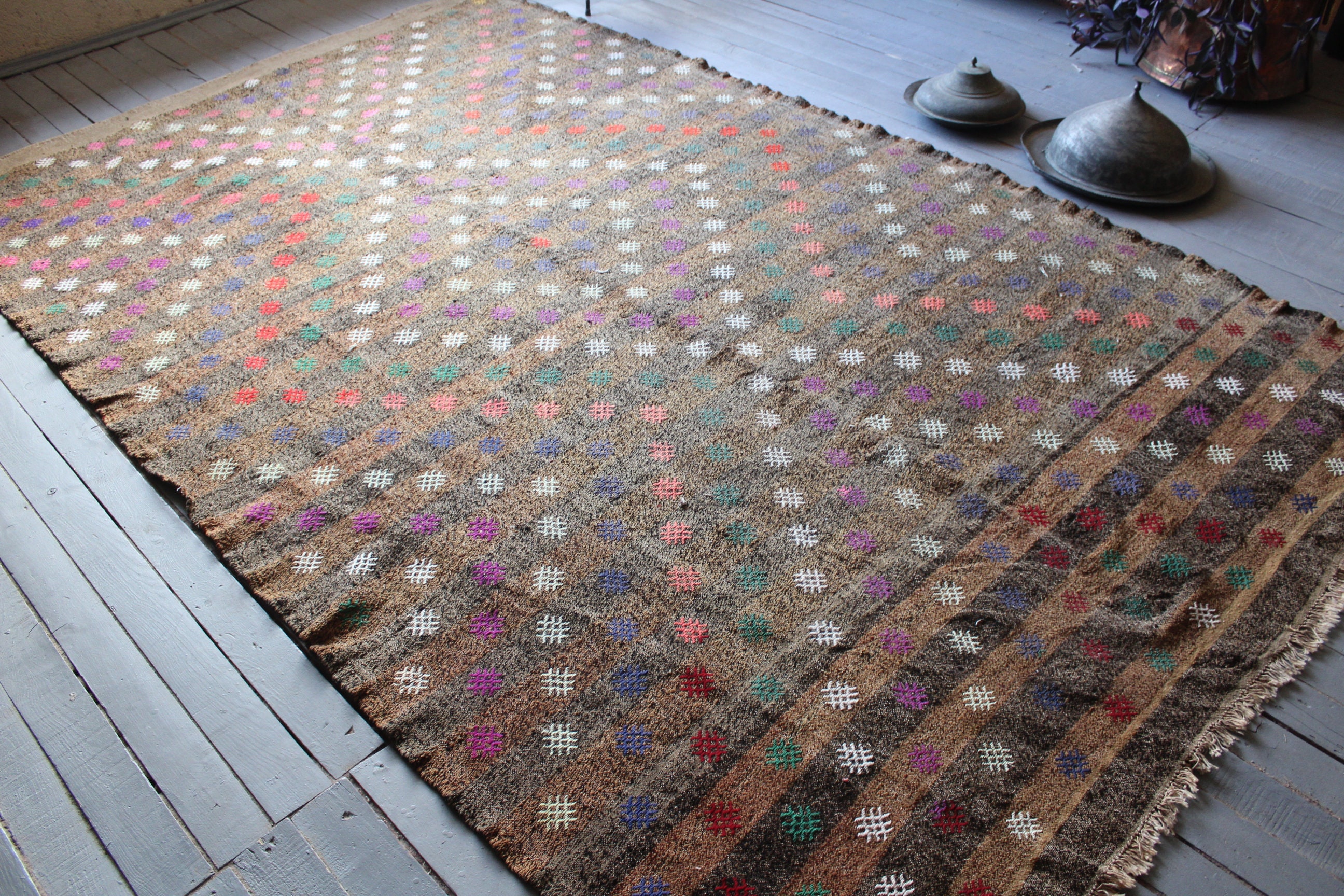 6'5x10'8 Ft Vintage Large Anatolian Kilim Rug, Ethnic Kilim, Bohemian Diamond Design Modern Turkish Rug"