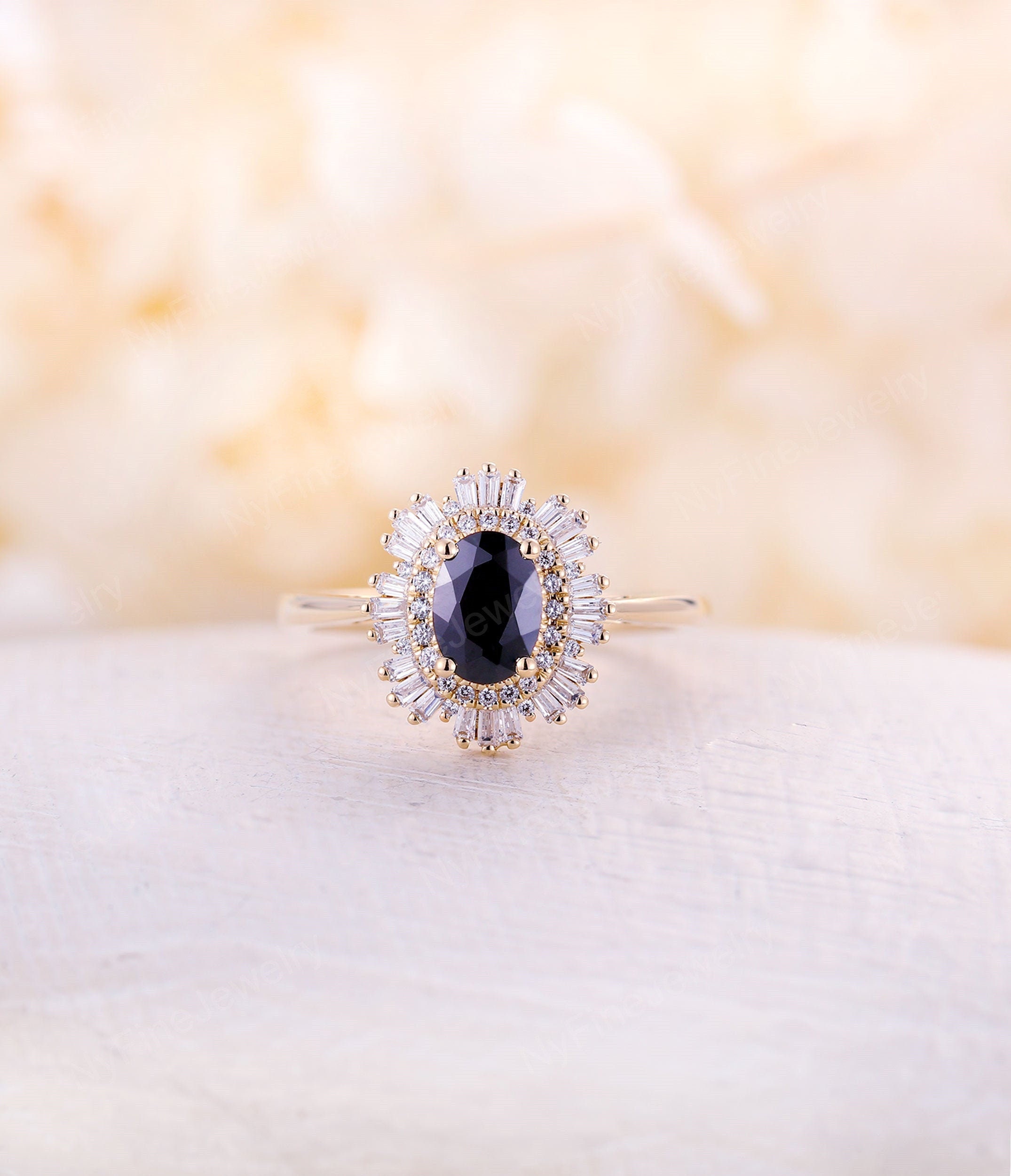 Vintage Onyx Engagement Ring Black Oval Rose Gold Diamond Art Deco Wedding Unique Anniversary Promise