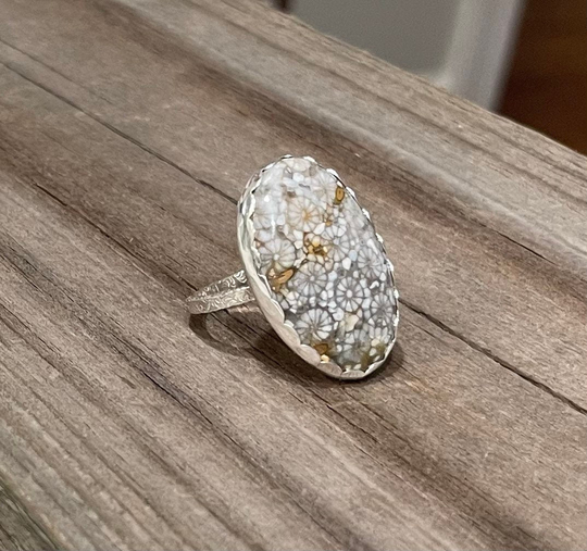 Blue Fossilized Coral Gemstone Sterling Silver Handmade Statement Ring