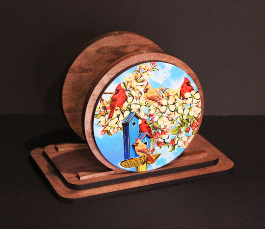 Springtime Cardinal Napkin Holder Made From Solid Pine Wood & Maple Mdf With Cardinals On A Birdhouse Art Uv Printed Both Sides