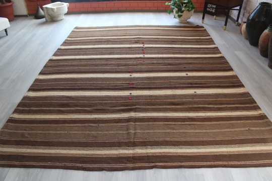 Brown Striped Kilim, Ethnic Kilim Rug, Bohemian Vintage Rug/7'6"x10'2" Feet