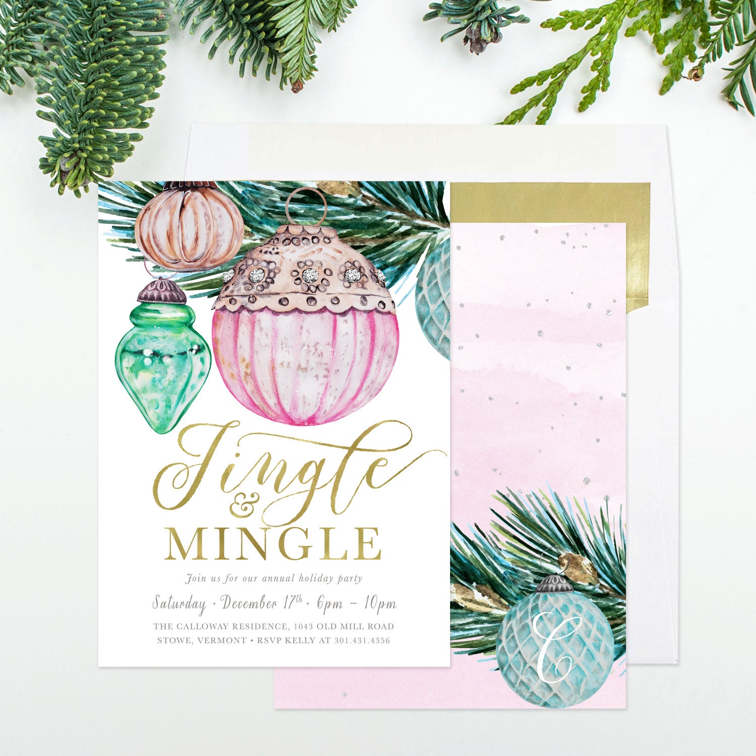 Holiday Party Invitation - Jingle & Mingle, Ornament Exchange Invite, Christmas Invitation, Vintage 21