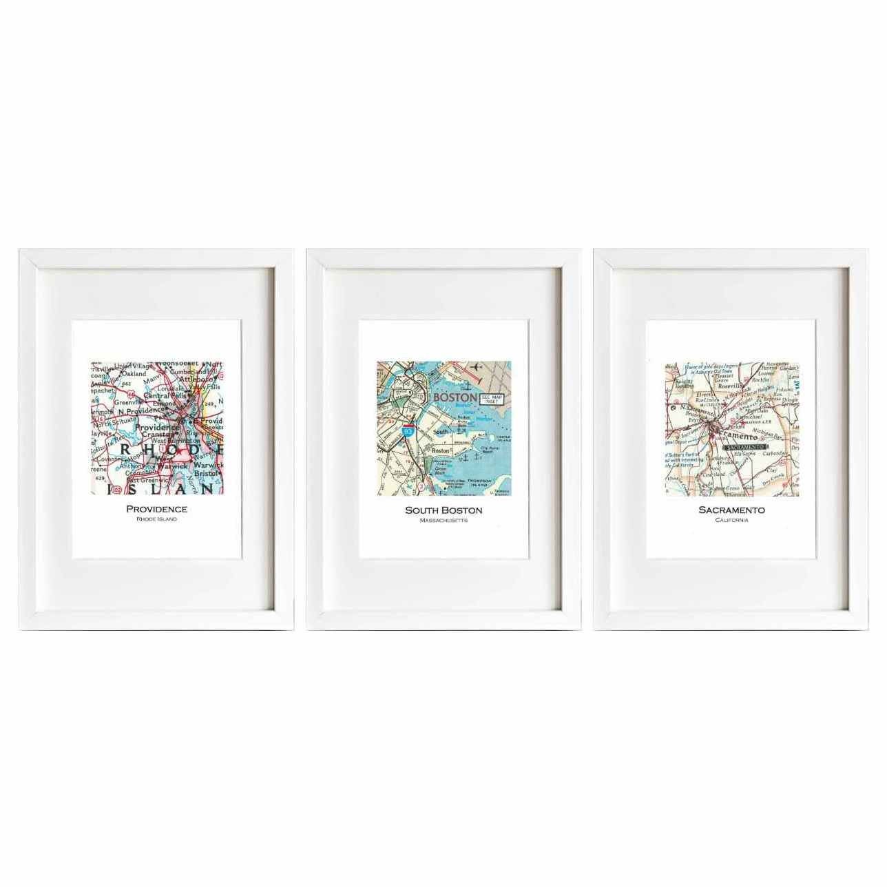 Set Of 3 Custom Square Map Art Prints. Prints Only No Frame. You Choose Any Cities Worldwide. Personalized Text. Gift For Husband Or Partner