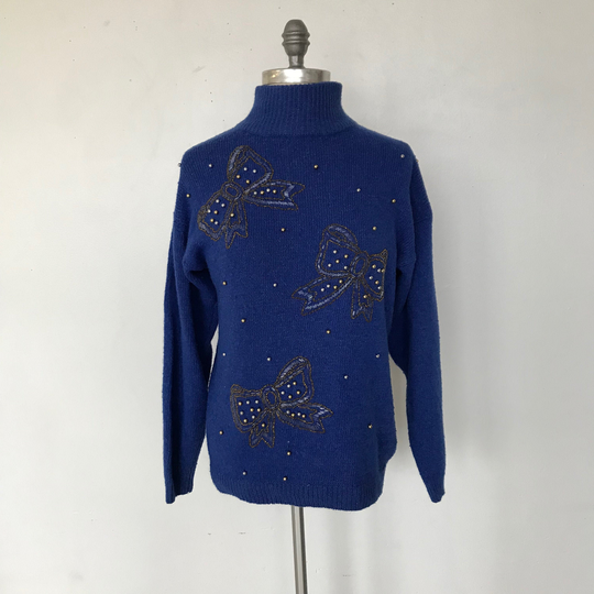 Vintage 90S Dana Scott Silk & Wool Blend Blue Turtleneck Sweater/Beaded Bows Women's Size Medium M Free Us Shipping