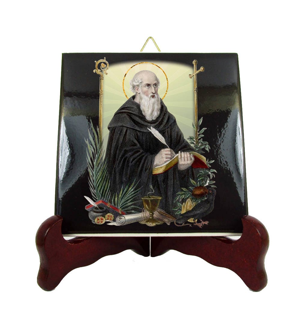 Saint Benedict Of Nursia - St Icon On Tile Handmade in Italy Art Print Gift For Students