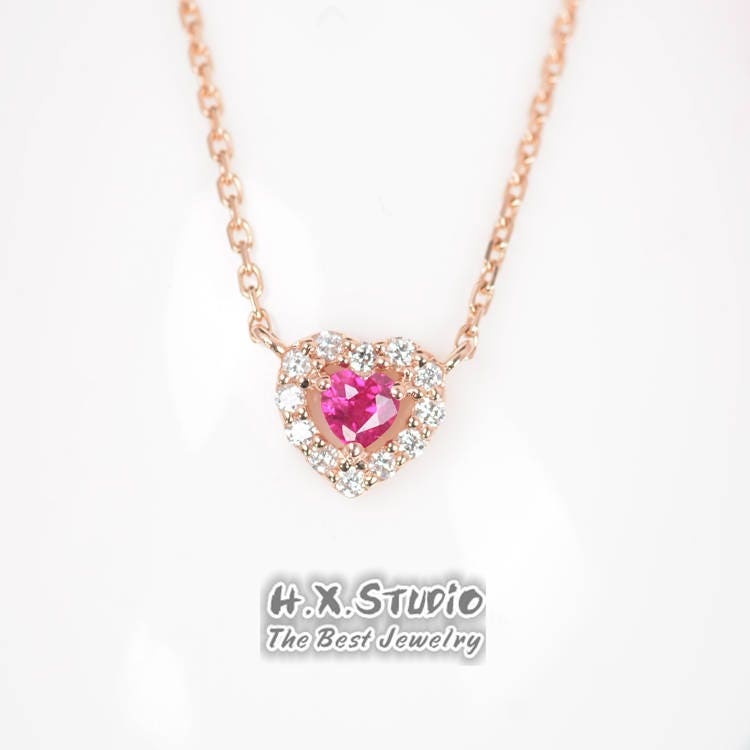 Diamond Ruby Halo Heart Pendant Necklace/Custom Fine Jewelry/Personalization Design/Gift For Women & Girls