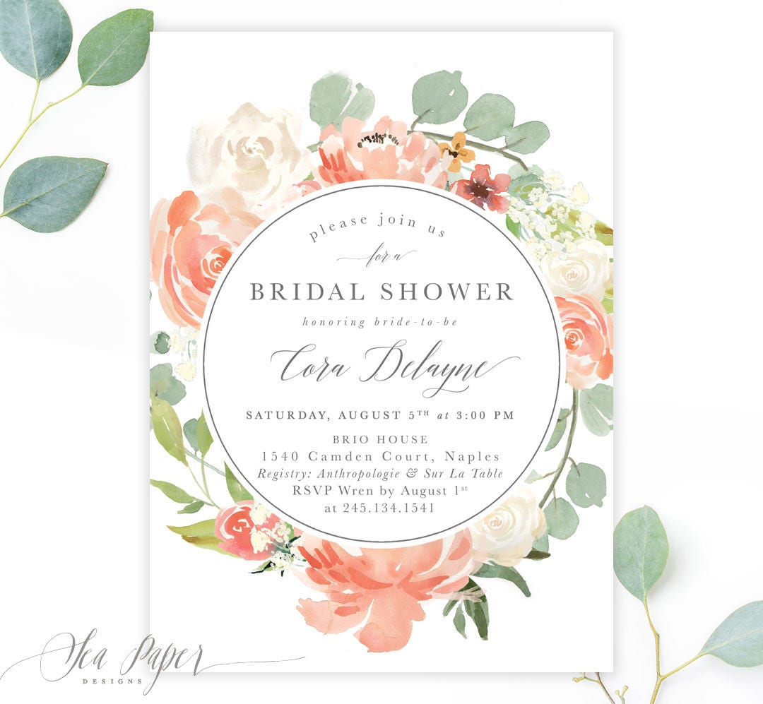 Floral Bridal Shower Invite Garden Invitation, Peach, Blush Pink & Greenery - Printed Or Digital, Song Of Solomon Scripture Back Cora