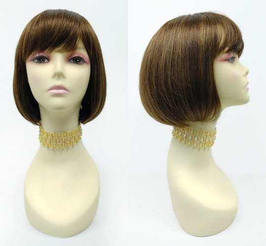 100% Human Hair Brown & Copper Mix Straight Pageboy Bob Wig With Bangs [116-547B-Caeli-4/27]