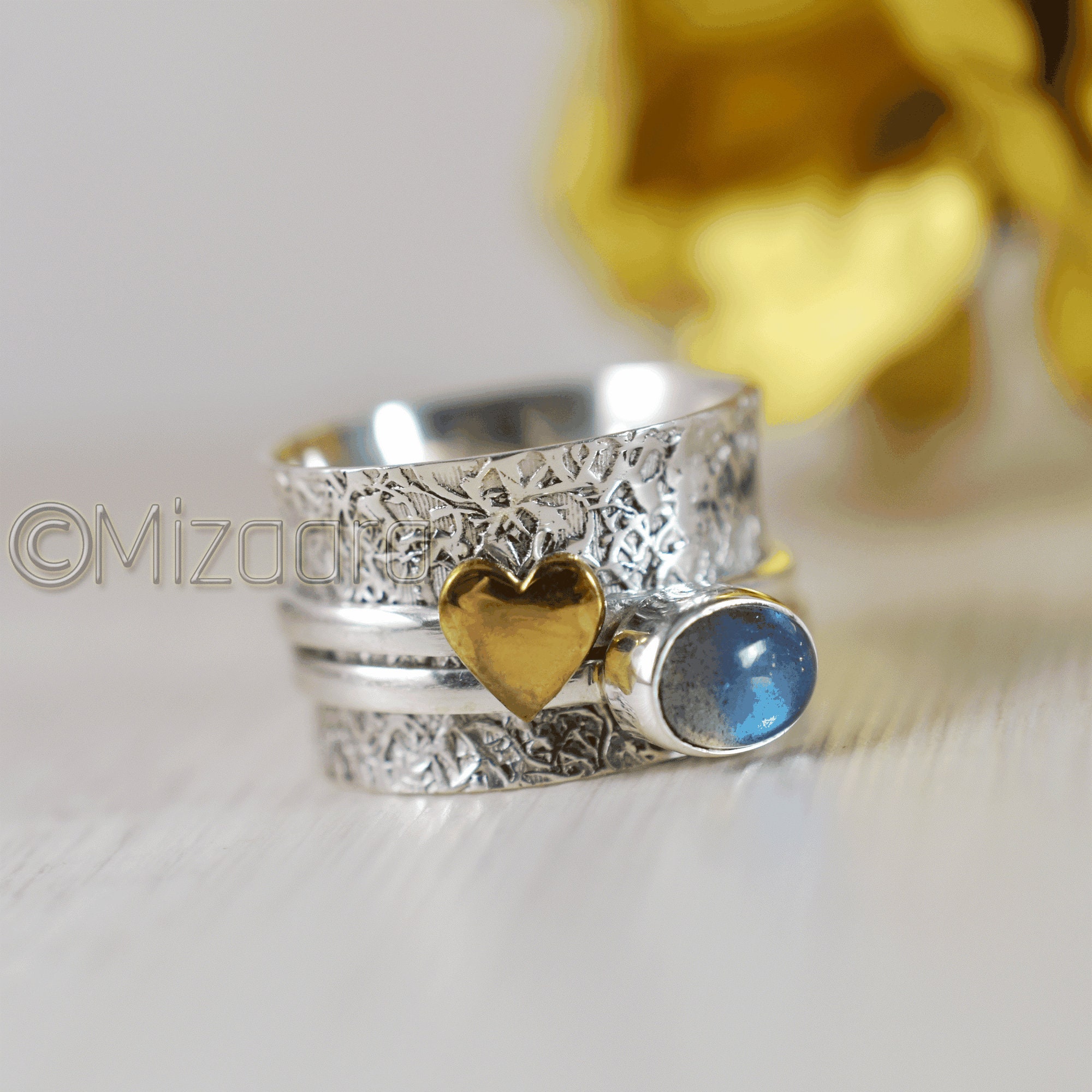 Labradorite Spinner Band Ring Sterling Silver Golden Heart Genuine Gemstone Anxiety Spinning Handmade Funky Thumb