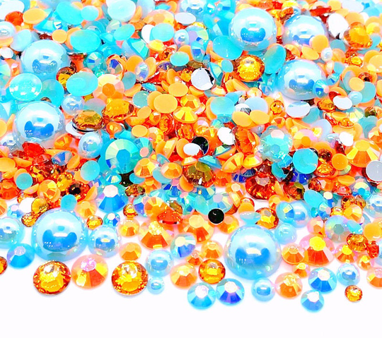 Orange Waves Blend Rhinestone Mix 2mm-10mm Flatback Jelly Resin | Faux Pearls Rhinestones Mixed Sizes, Blue