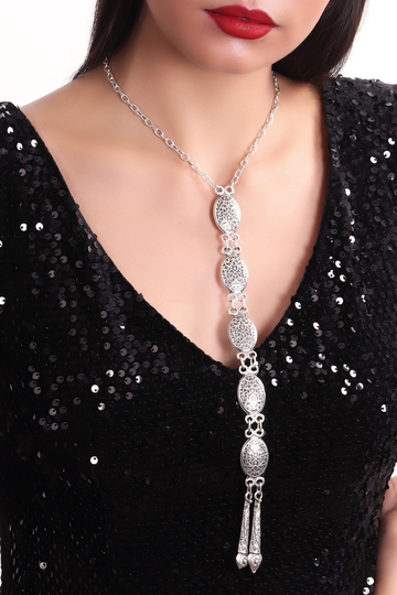 Antique Silver Embossed Texture Y & Lariat Necklace, Statement Boho Vintage Inspired Long Chain Necklace