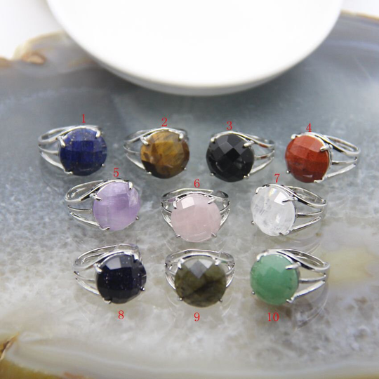 Amethyst/Lapis Lazuli/Rose Quartz/White Quartz Adjustable Ring, Round Shape Cut Faceted Gemstone Rings, Natural Crystal Rings Jewelry