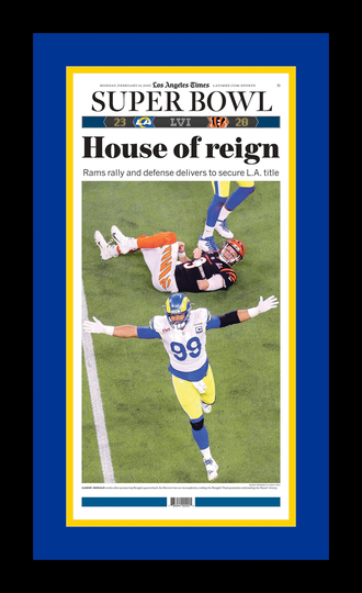 Los Angeles Rams - 2022 Super Bowl Championship L.a. Times Newspaper "House Of Reign" Double Matted & Framed in Authentic Team Colors