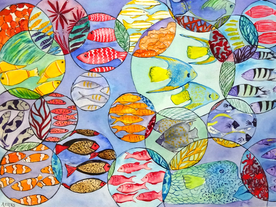 Vintage Original Expressionist Framed Watercolor Painting Of Tropical Fish By Listed Florida Artist Lisa Aerts