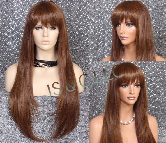 Human Hair Blend Full Wig Long Straight Layered Auburn Mix With Bangs Heat Ok