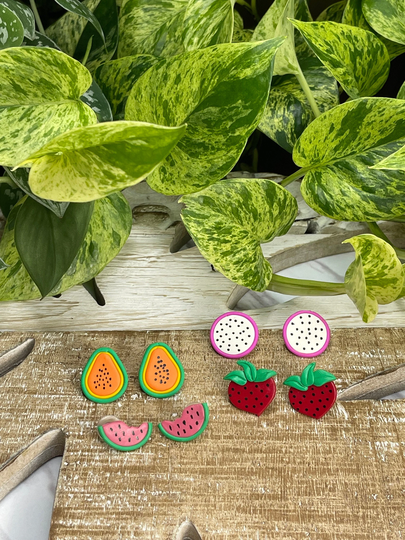 Fruit Salad Strawberry Watermelon Dragon Papaya Slice Statement Earrings Gold Hoops Silver Pink Yellow Orange Green Red Black