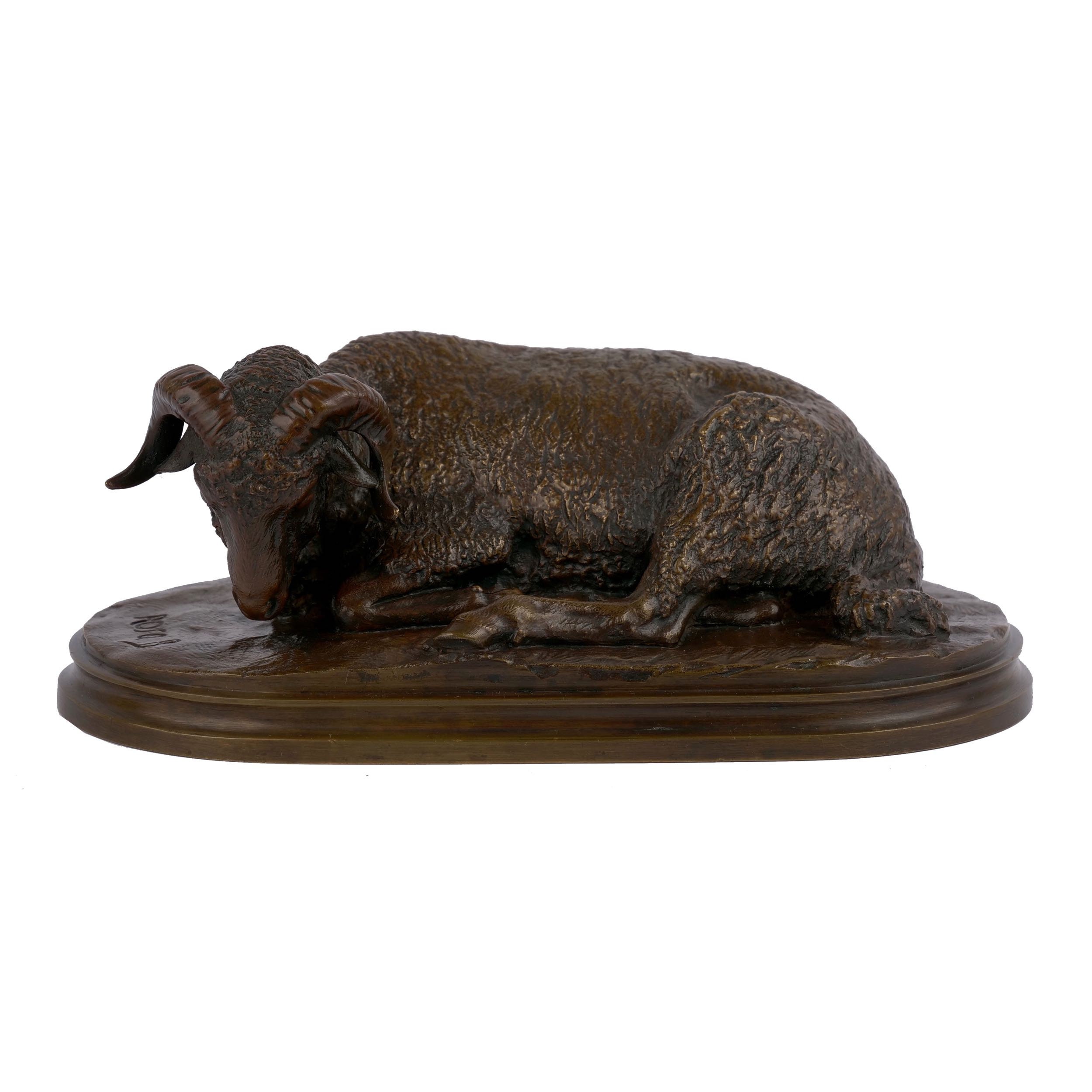 Animal Sculpture | Bronze Anniversary Antique Statue Of A Resting Ram By Rosa Bonheur & Peyrol Foundry 19Th Century