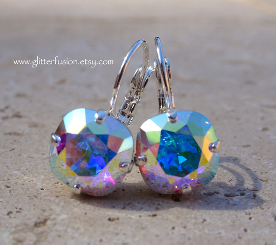 Aurora Borealis Swarovski Crystal Dangle Earrings, Ab Iridescent Holo Bridesmaid Anniversary Gift, Glitter Fusion Jewelry