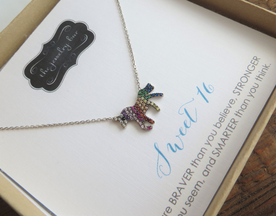 Rainbow Unicorn Necklace, Birthday Gift For Little Girl, Kids Gift, Colorful Rhinestone Pendant, Theme