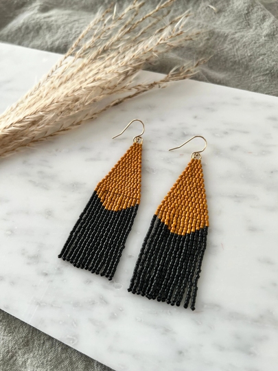 Matte Black & Yellow Brown Beaded Earrings, Seed Bead Fringe Minimal Dangle Simple Jewelry