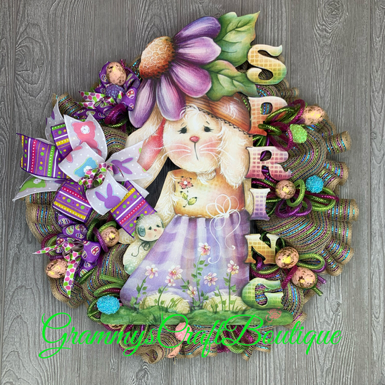 Large Spring Wreath, Easter Door Hanger, Wood Sign, Bunny Hanger