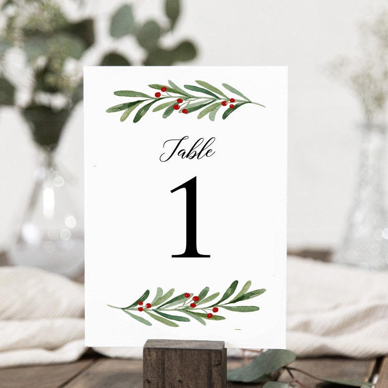 Christmas Holly Wedding Table Number Cards 5x7 Printed - Berry Collection