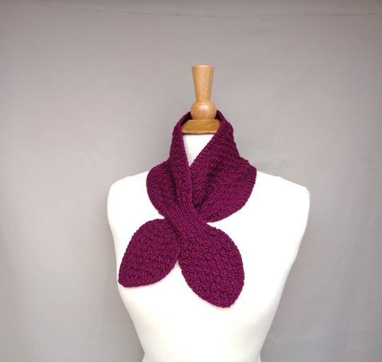 Neck Warmer Scarf, Berry Purple, Hand Knit Ascot Alpaca Blend, Bow Womens Cowl Scarf