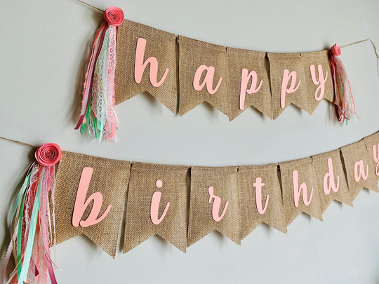Boho Birthday Banner, Rustic Burlap Spring Easter Decor, Summer