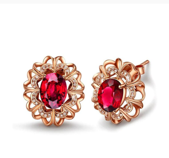 Classic Ruby & Rose Gold Stud Earrings With Simulated Accent Stones in 925 Sterling Silver