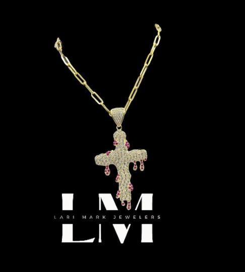10K Yellow Gold Drippy Cross Charm Pendant | Pink Dripping