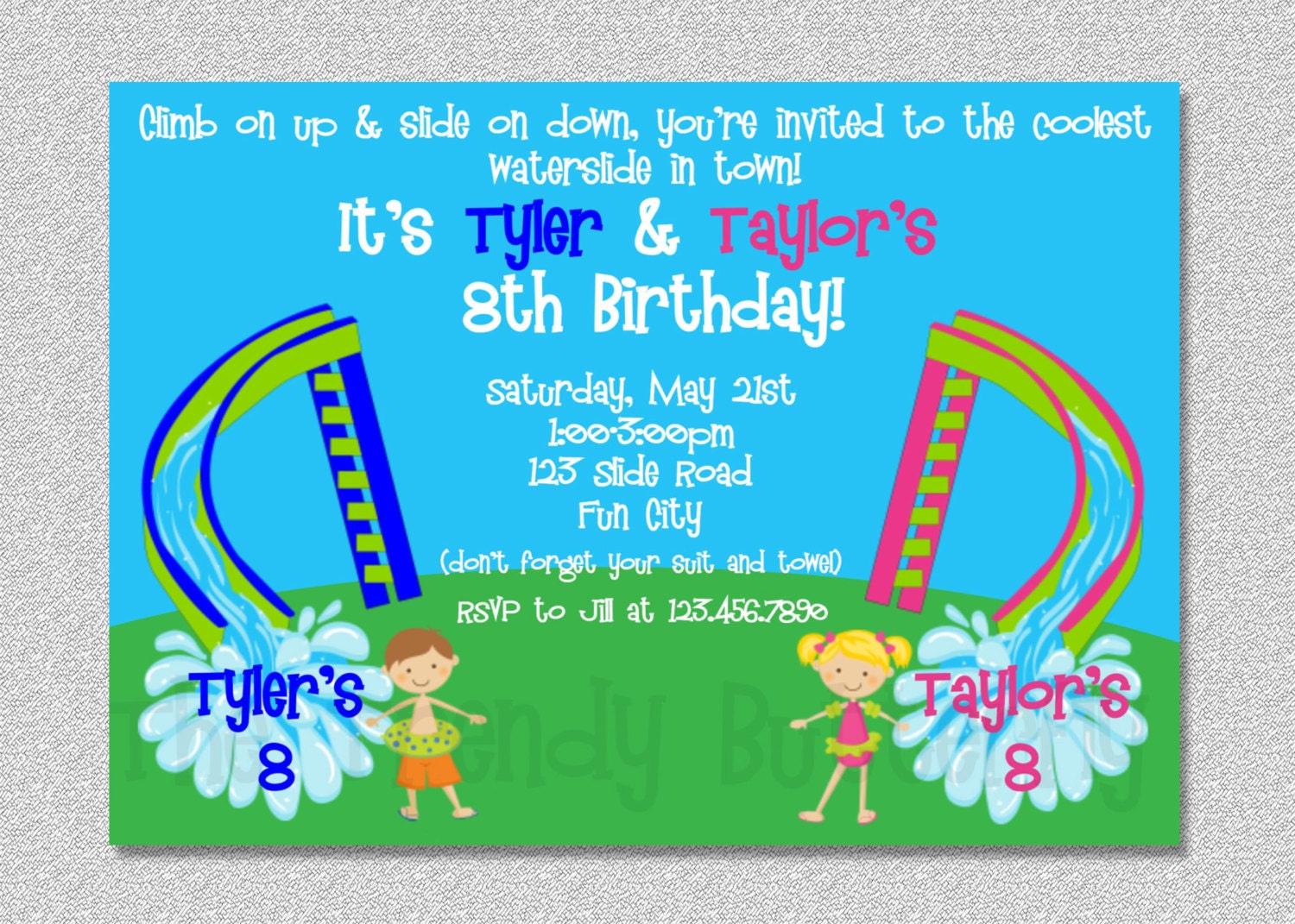 Twins Siblings Waterslide Birthday Party Invitation Printable