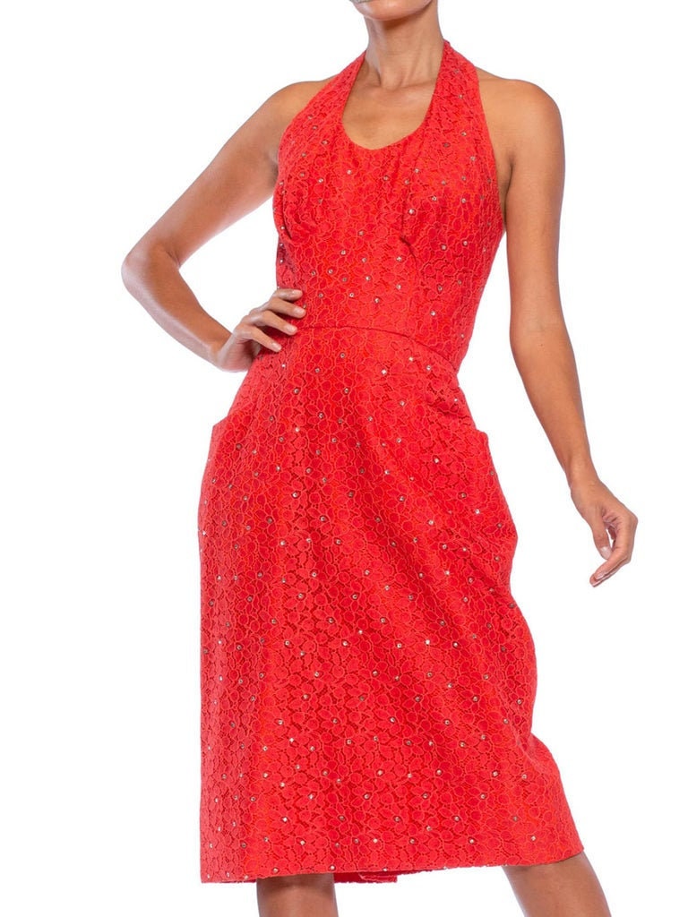 1950S Red Rayon Blend Lace Faille Halter Dress With Crystals Pockets