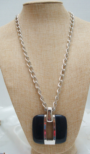 Lanvin Blue Lucite & Silver Oversized Rectangle Pendant On Silvertone Link Chain Necklace